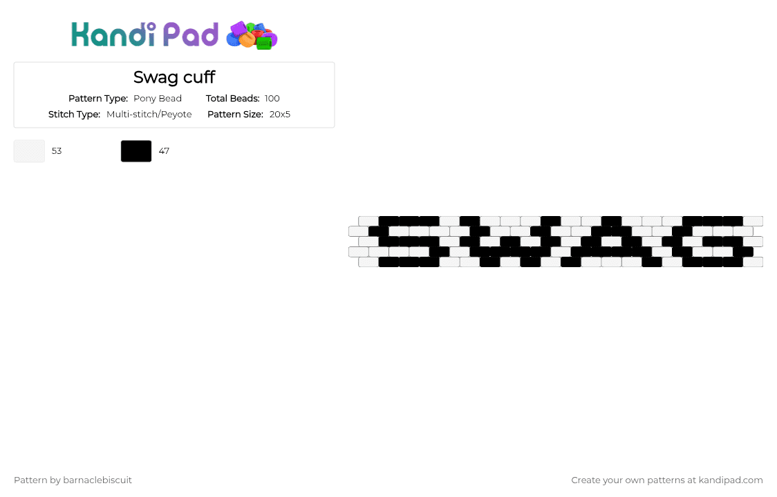 Swag cuff - Pony Bead Pattern by barnaclebiscuit on Kandi Pad - white,black,swag,cuff,peyote,2010s