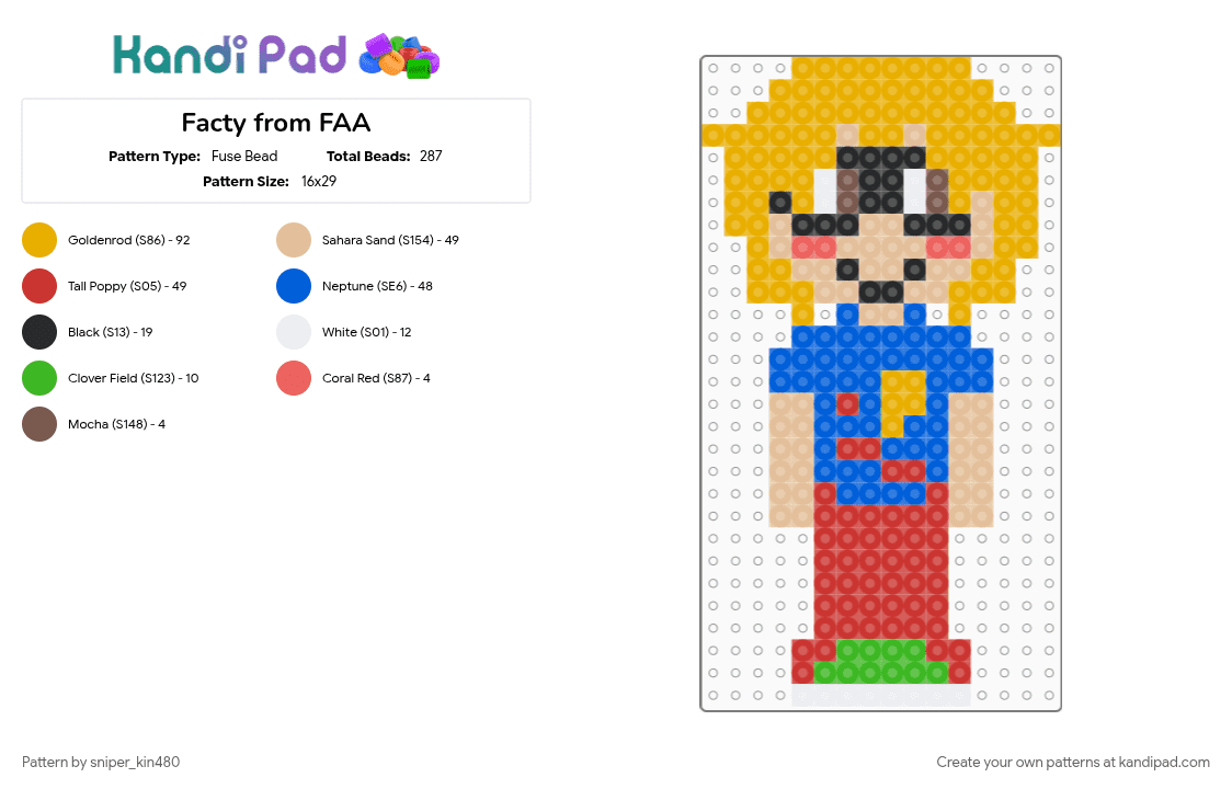 Facty from FAA - Fuse Bead Pattern by sniper_kin480 on Kandi Pad - beige, blue, doll, faa, factattack, factattackadventures, facty, nerd, orange, red, whimsical