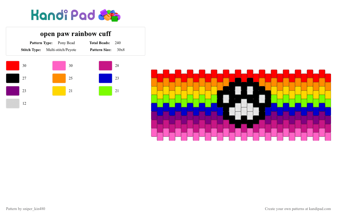 open paw rainbow cuff - Pony Bead Pattern by sniper_kin480 on Kandi Pad - pink,paw,cuff,peyote,stitch,rainbow,blsck,white
