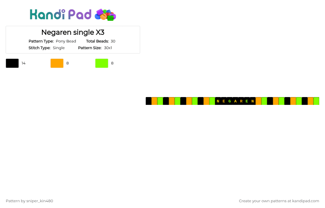 Negaren single X3 - Pony Bead Pattern by sniper_kin480 on Kandi Pad - orange,green,negaren,lapfox,halloween,black