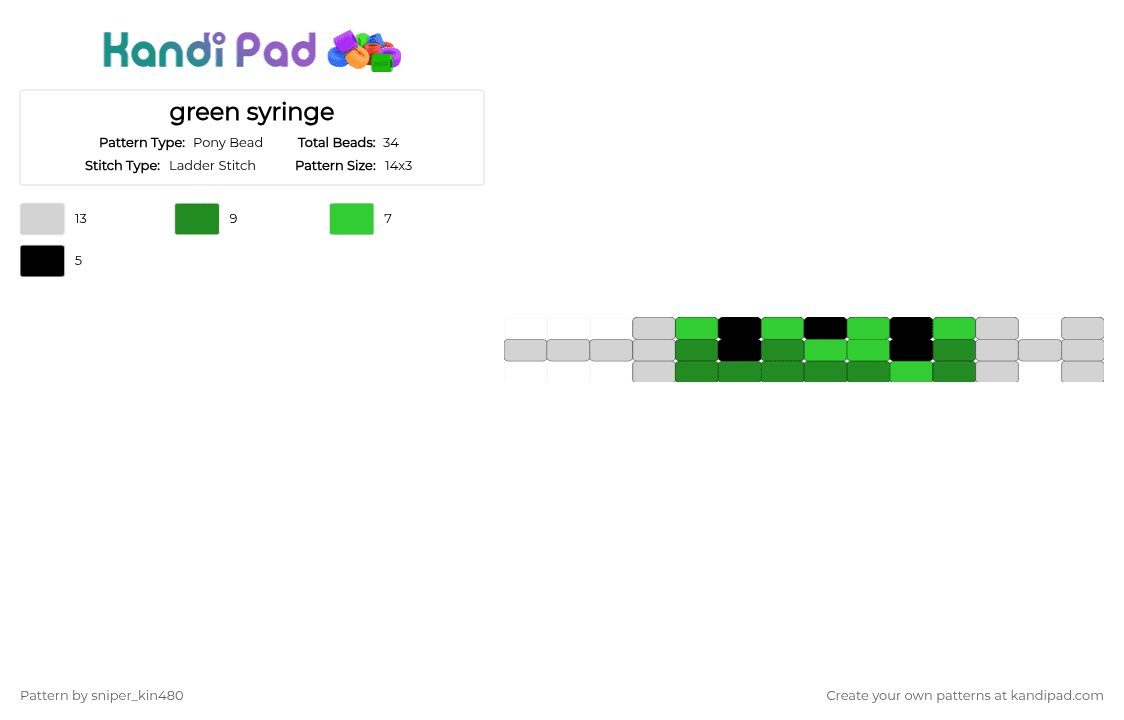 green syringe - Pony Bead Pattern by sniper_kin480 on Kandi Pad - white,green,renard,lapfox,syringe