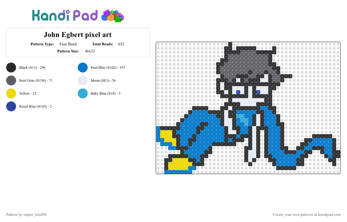 John Egbert pixel art - Fuse Bead Pattern by john3gbertl0ver413 on Kandi Pad - black, blue, gray, homestuck, johnegbert