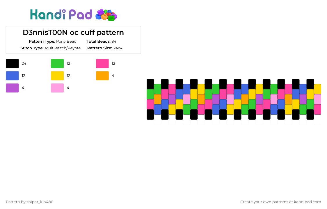 D3nnisT00N oc cuff pattern - Pony Bead Pattern by sniper_kin480 on Kandi Pad - green,pink,blue,yellow,oc,cuff