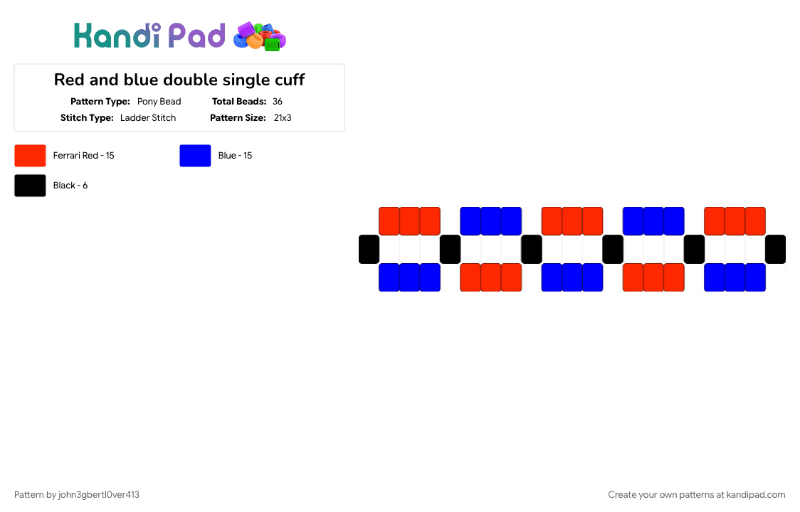 Red and blue double single cuff - Pony Bead Pattern by john3gbertl0ver413 on Kandi Pad - cuff, duo, purple, red, red and blue, singles