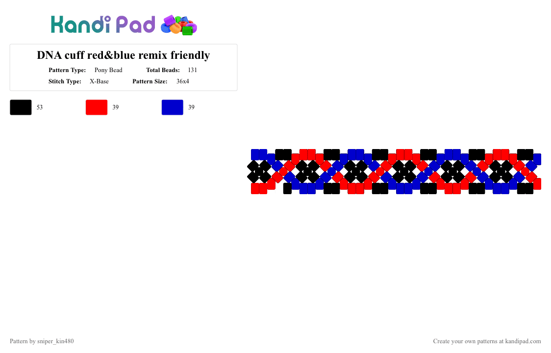DNA cuff red&blue remix friendly - Pony Bead Pattern by sniper_kin480 on Kandi Pad - red,purple,cotdduotone,blue,dna,xbase