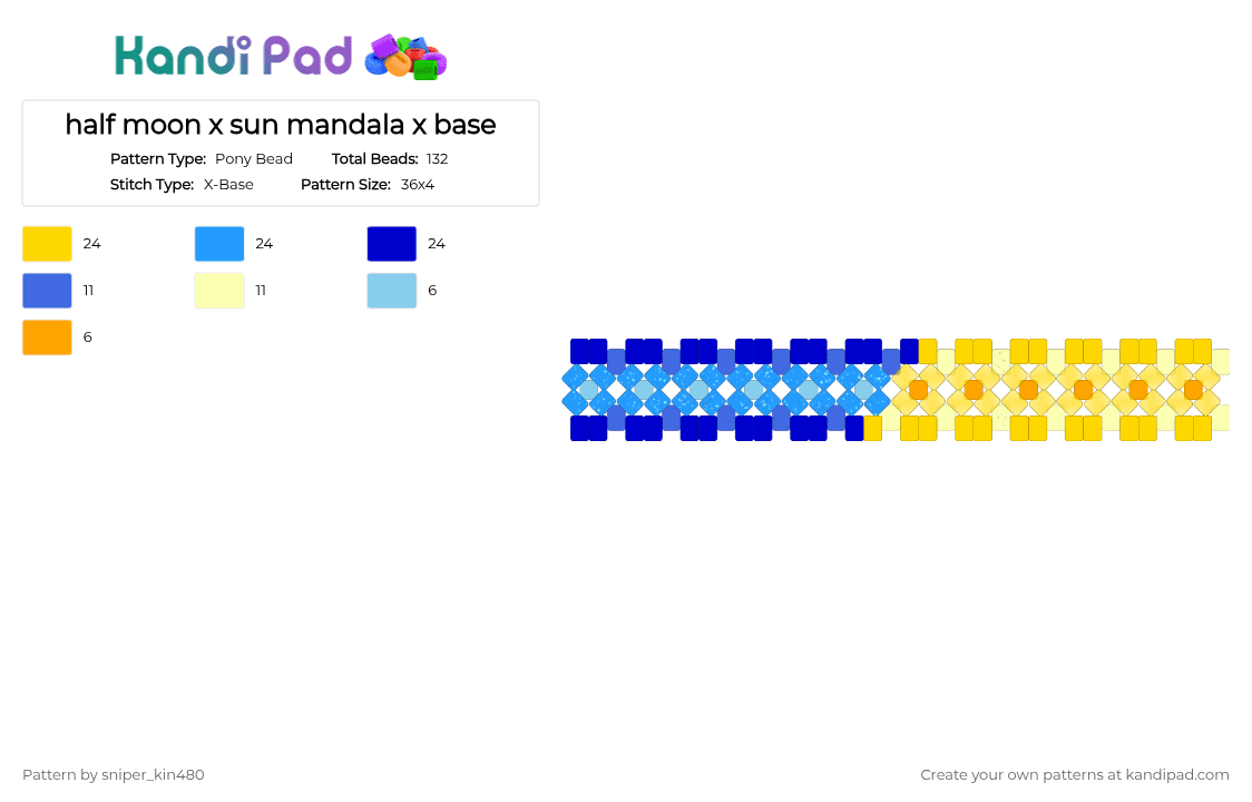 half moon x sun mandala x base - Pony Bead Pattern by sniper_kin480 on Kandi Pad - yellow,light blue,moon,sun,mandala,blue,red,orange,sunmoon