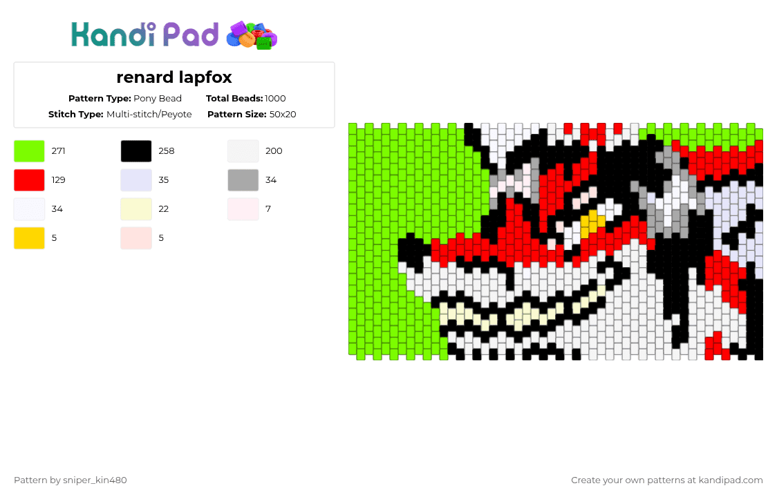 renard lapfox - Pony Bead Pattern by john3gbertl0ver413 on Kandi Pad - furry, green, image, kandi, lapfox, red, renard