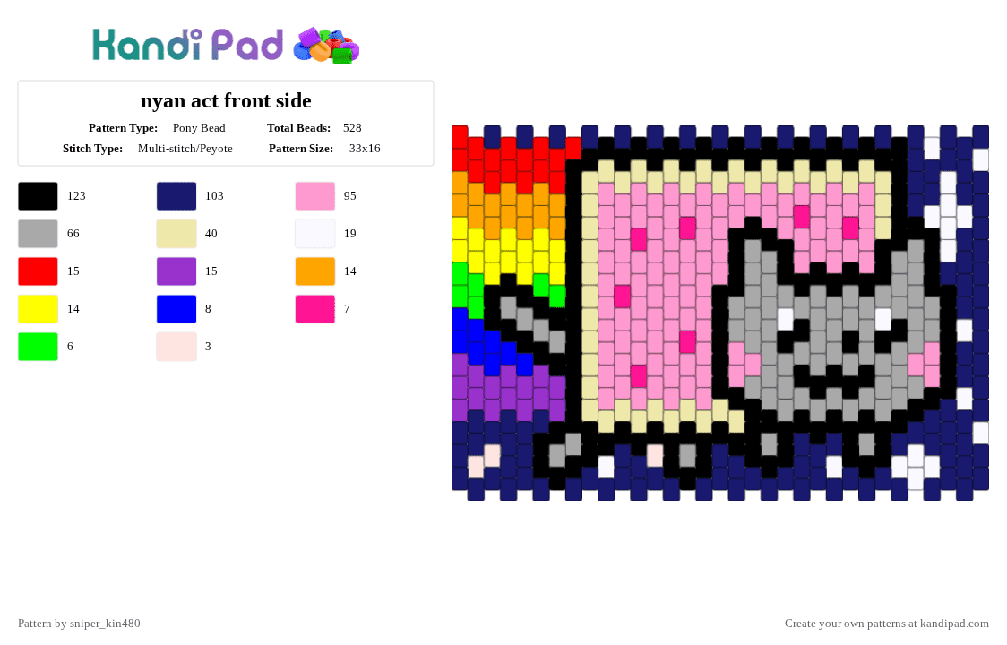 nyan act front side - Pony Bead Pattern by sniper_kin480 on Kandi Pad - purple,yellow,pink,beige,nyancat,nyan,space,galaxy,cat,bag