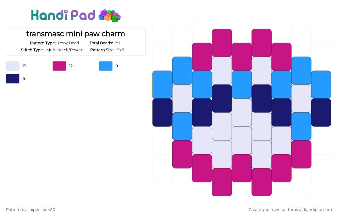 transmasc mini paw charm - Pony Bead Pattern by sniper_kin480 on Kandi Pad - charm, furry, lgbt, light blue, paw, pink, trans, transmasc