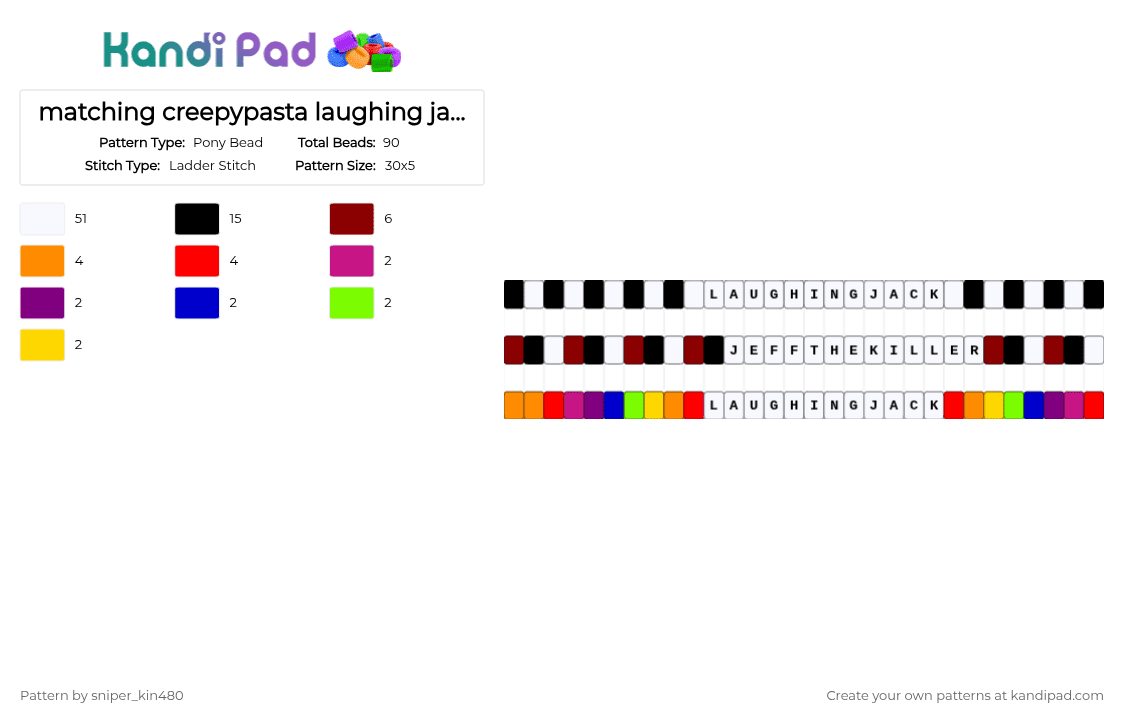 matching creepypasta laughing jack & Jeff the killer - Pony Bead Pattern by sniper_kin480 on Kandi Pad - white,red,orange,pink,creepypasta,laughing jack,jeffthekiller,jtk,rainbow