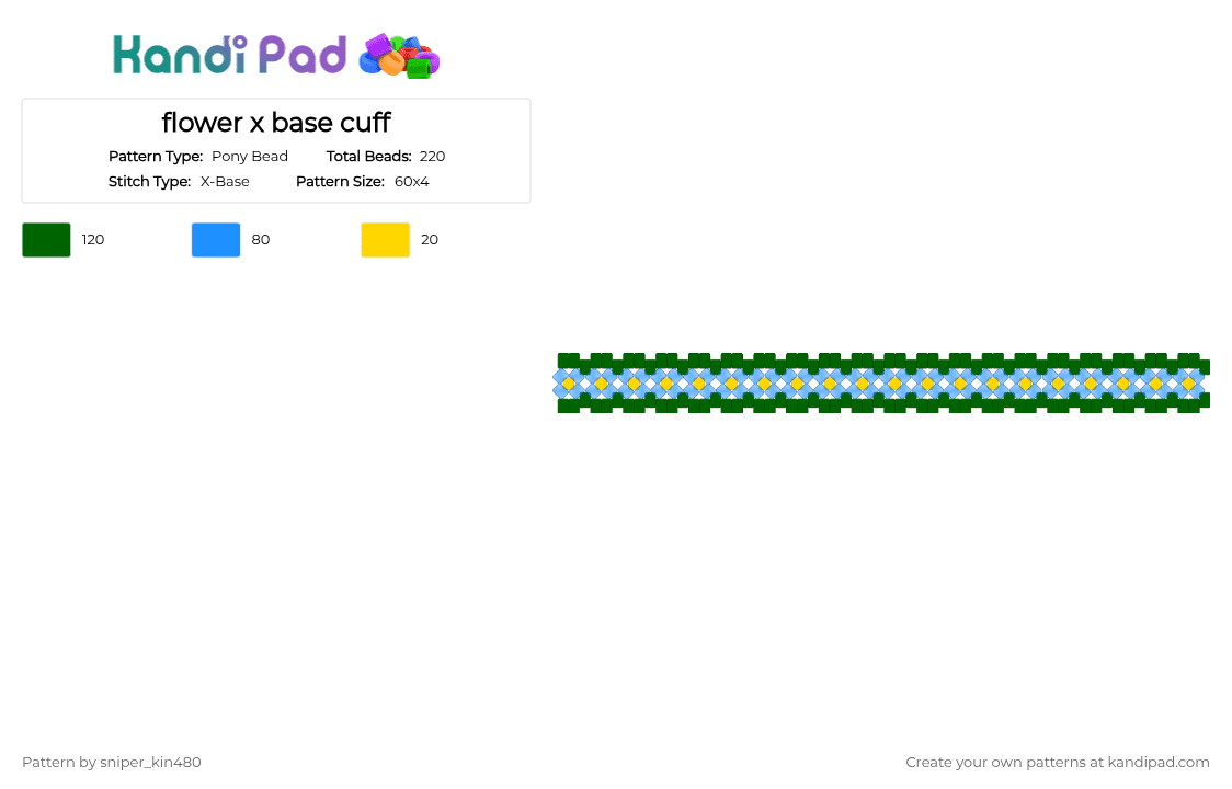 flower x base cuff - Pony Bead Pattern by john3gbertl0ver413 on Kandi Pad - blue, flower, green, light blue, xbasecuff