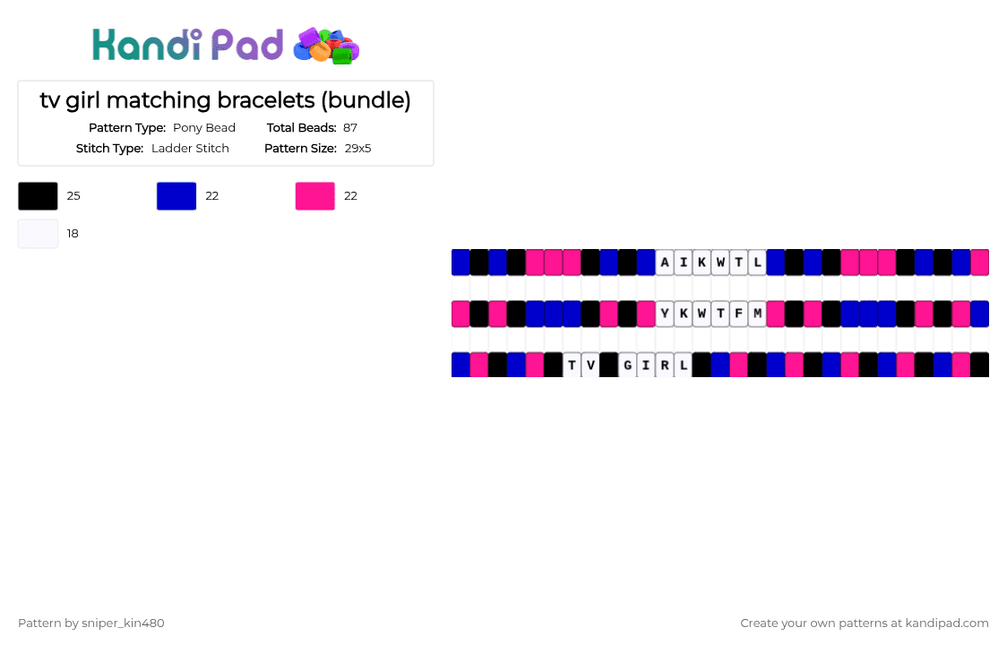 tv girl matching bracelets (bundle) - Pony Bead Pattern by sniper_kin480 on Kandi Pad - purple,pink,matching,tvgirl,boy,girl,blue