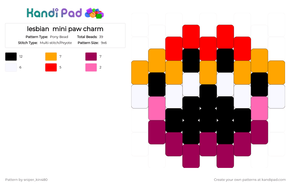 lesbian  mini paw charm - Pony Bead Pattern by sniper_kin480 on Kandi Pad - orange,pink,lesbian,wlw,lgbt,paw,furry