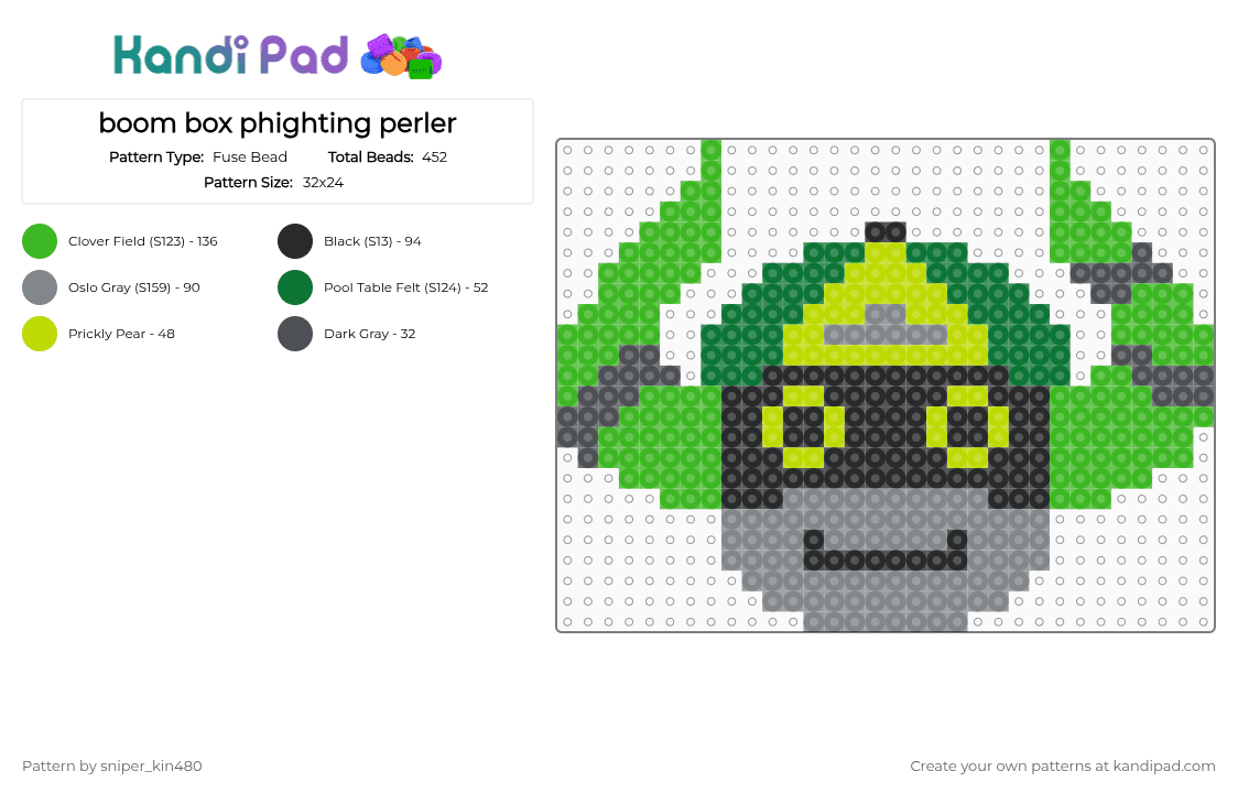 boom box phighting perler - Fuse Bead Pattern by sniper_kin480 on Kandi Pad - gray,green,boombox,phighting,perler