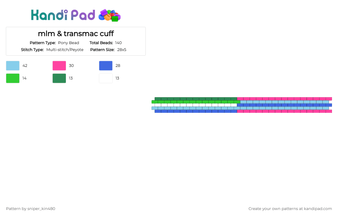 mlm & transmac cuff - Pony Bead Pattern by sniper_kin480 on Kandi Pad - gay, lgbt, light blue, mlm, pink, trans, transmasc