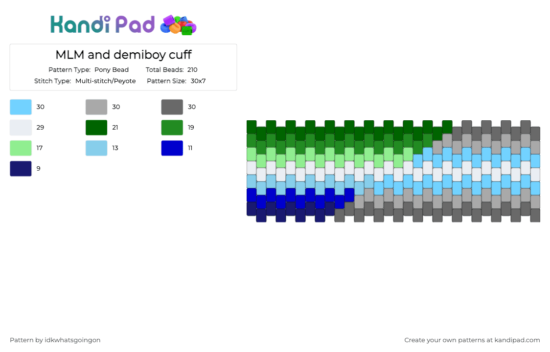 MLM and demiboy cuff - Pony Bead Pattern by idkwhatsgoingon on Kandi Pad - light blue,beige,gray,green,demiboy,pride,lgbtq,mlm