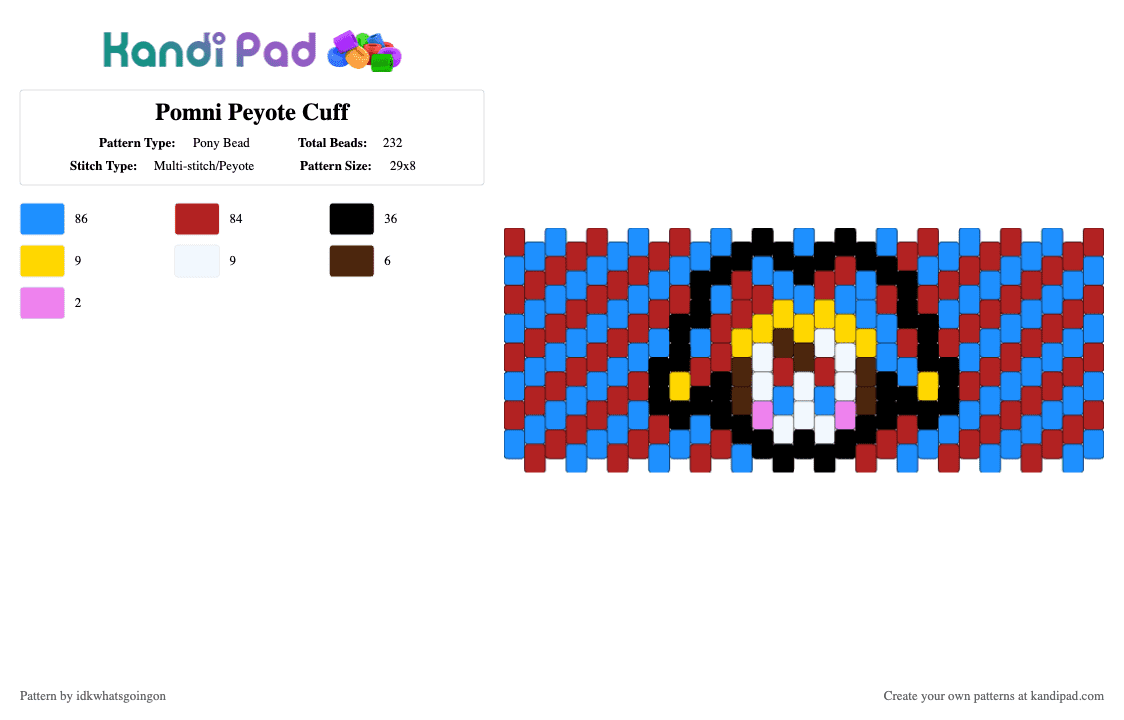 Pomni Peyote Cuff - Pony Bead Pattern by idkwhatsgoingon on Kandi Pad - red,light blue,tadc,pomni