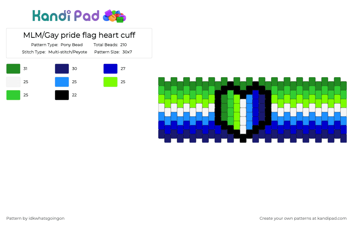 MLM/Gay pride flag heart cuff - Pony Bead Pattern by idkwhatsgoingon on Kandi Pad - purple,green,mlm,lgbtq,pride