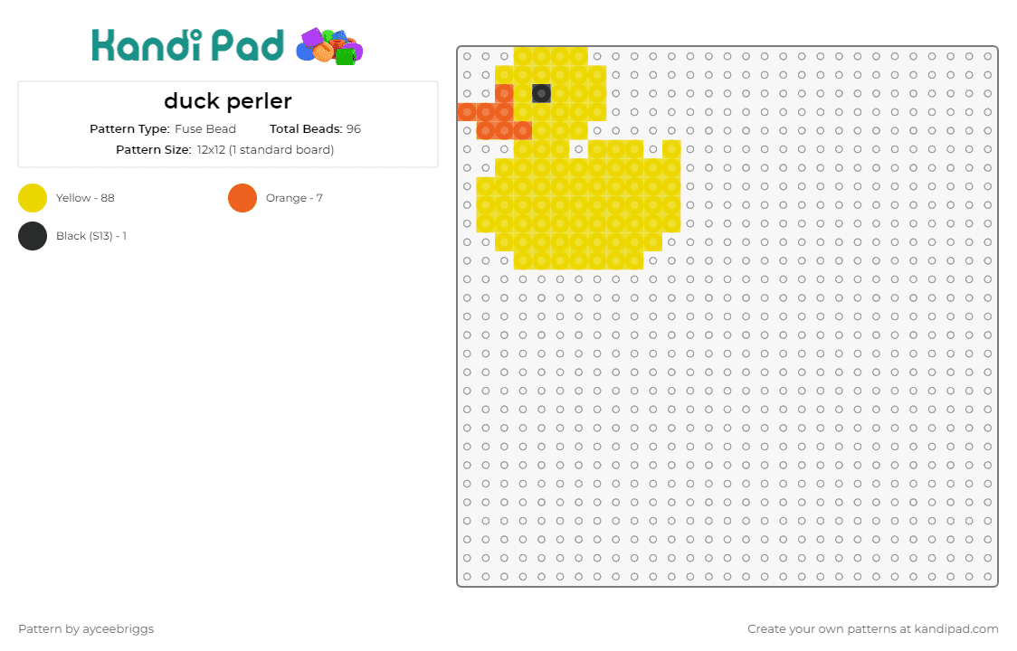 duck perler - Fuse Bead Pattern by ayceebriggs on Kandi Pad - duck,bird,animal,playful,cheerful,nature,friendly,simplicity,charm,classic,yellow