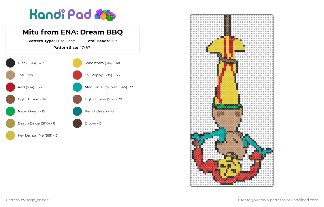 Mitu from ENA: Dream BBQ - Fuse Bead Pattern by sage_enbee on Kandi Pad - red,yellow,beige,ena,ena dream bbq,character,2d,perler,video game,media,fandom