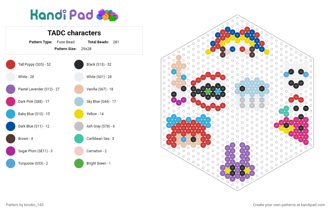 TADC characters - Fuse Bead Pattern by kinoko_143 on Kandi Pad - red,beige,pink,light blue