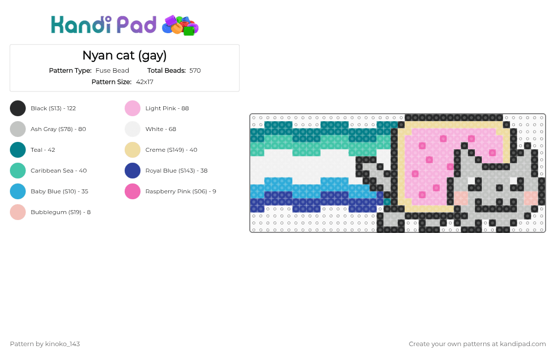 Nyan cat (gay) - Fuse Bead Pattern by kinoko_143 on Kandi Pad - beige, pink, teal