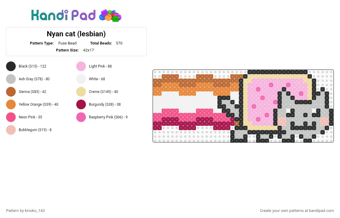 Nyan cat (lesbian) - Fuse Bead Pattern by kinoko_143 on Kandi Pad - beige,pink