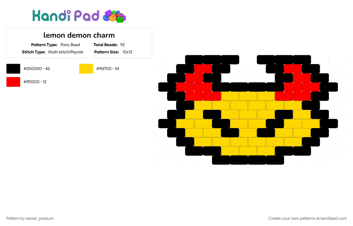 lemon demon charm - Pony Bead Pattern by sewer_possum on Kandi Pad - charm, lemon demon, music, red, yellow
