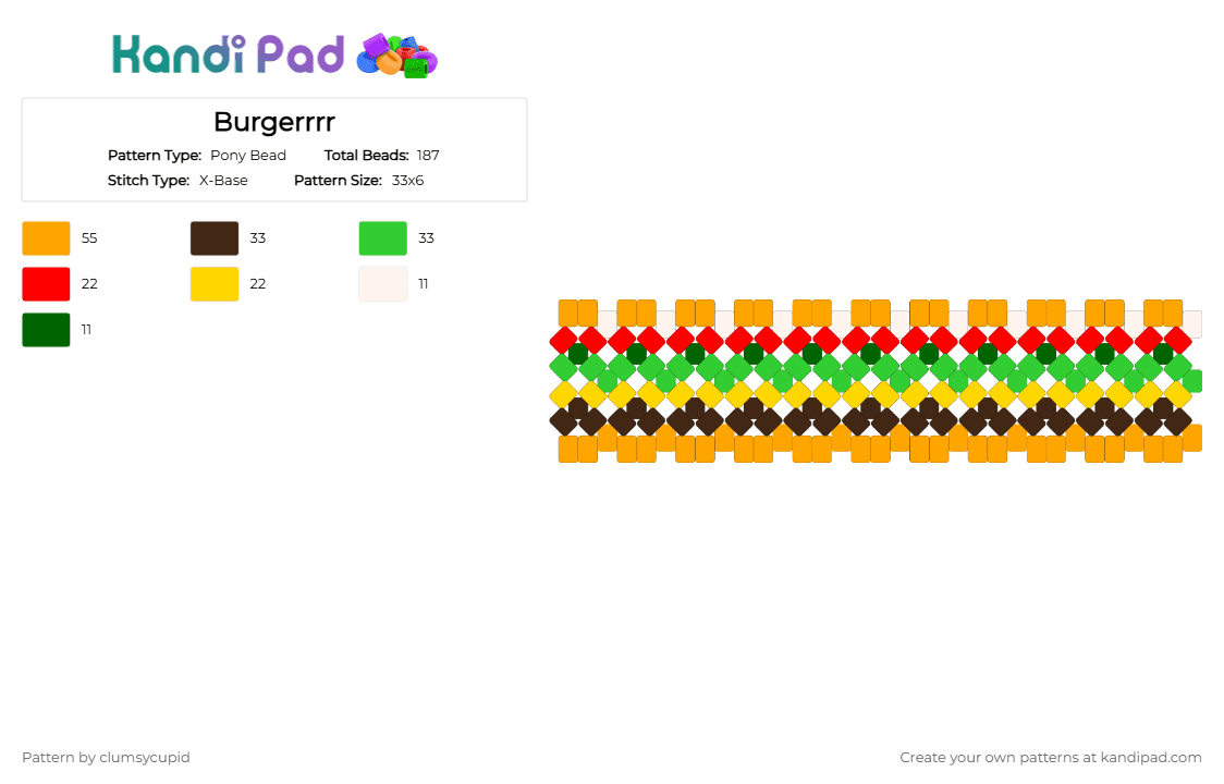 Burger - Pony Bead Pattern by clumsycupid on Kandi Pad - orange,brown,green,buger,food
