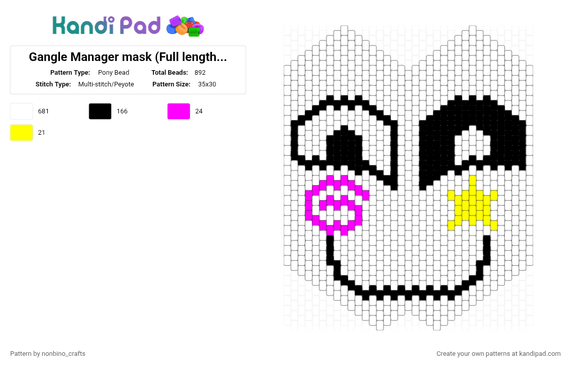 Gangle Manager mask (Full length) V.4 - Pony Bead Pattern by nonbino_crafts on Kandi Pad - white,yellow,pink,tadc,gangle,spudsy,spudsys,tadc episode 4,full length mask,mask,the amazing digital circus