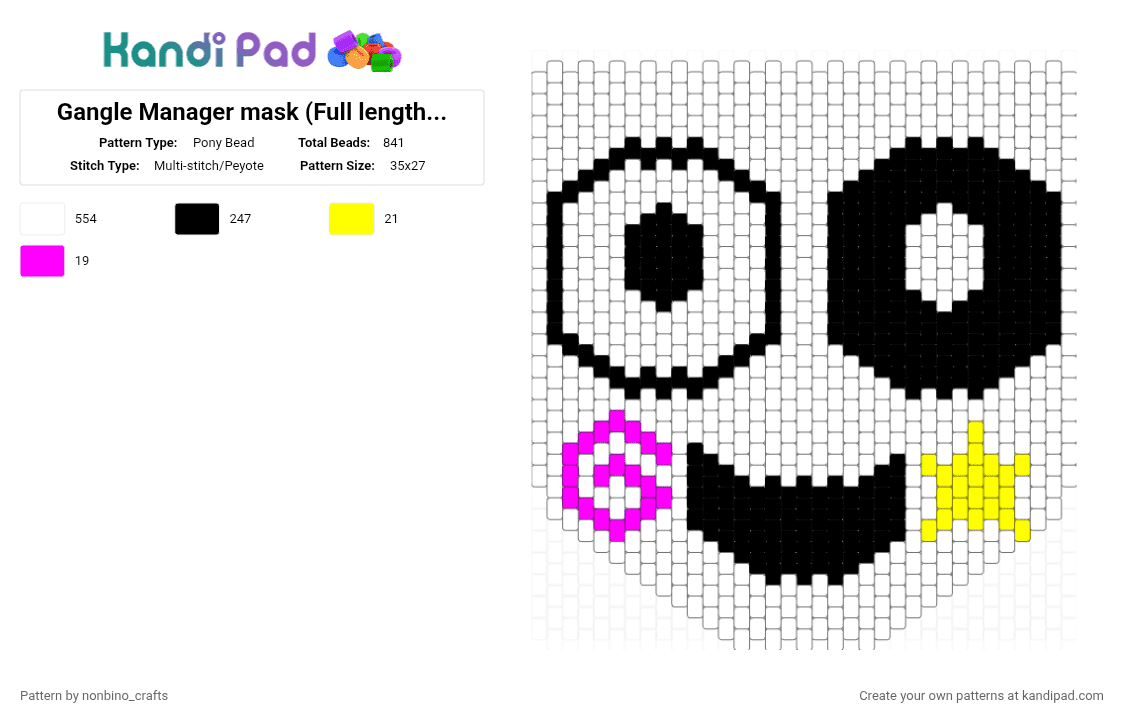 Gangle Manager mask (Full length) V.3 - Pony Bead Pattern by nonbino_crafts on Kandi Pad - white,pink,yellow,tadc,gangle,spudsy,spudsys,tadc episode 4,full length mask,mask