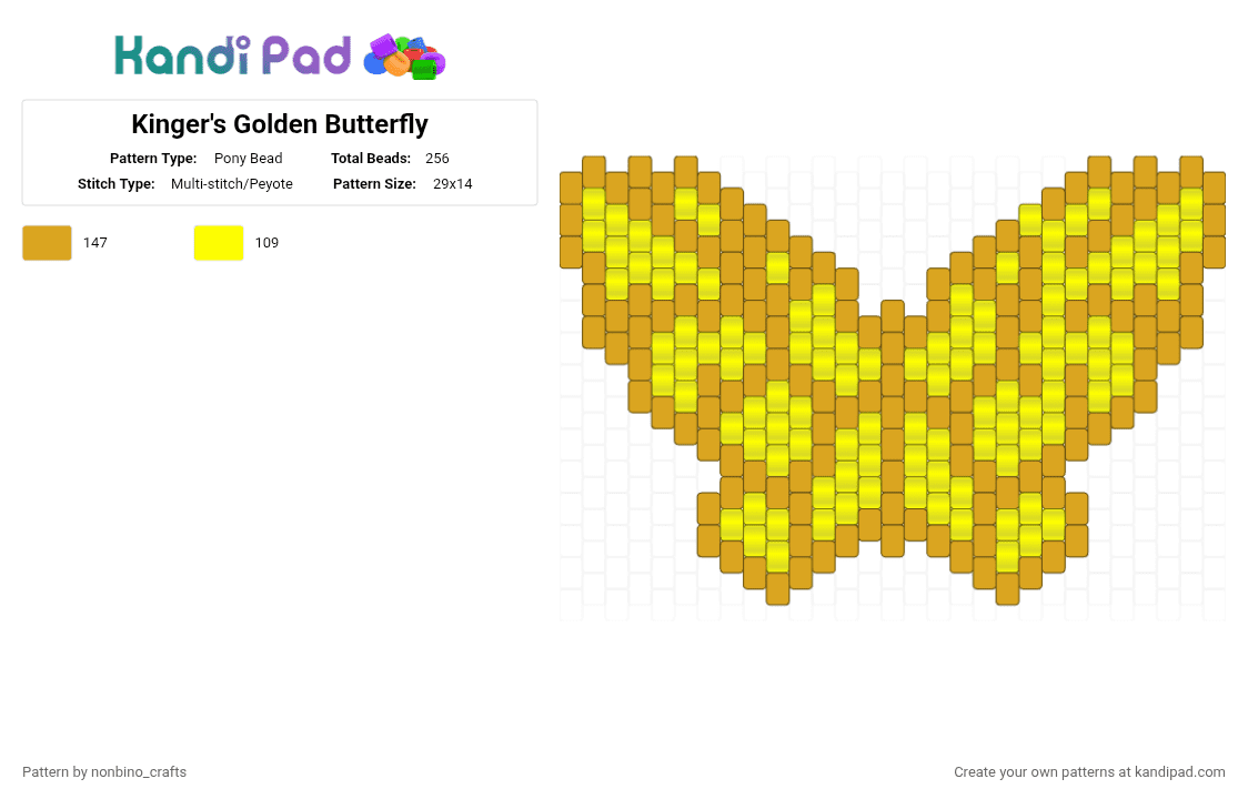 Kinger\'s Golden Butterfly - Pony Bead Pattern by nonbino_crafts on Kandi Pad - orange,yellow,tadc,kinger,butterfly