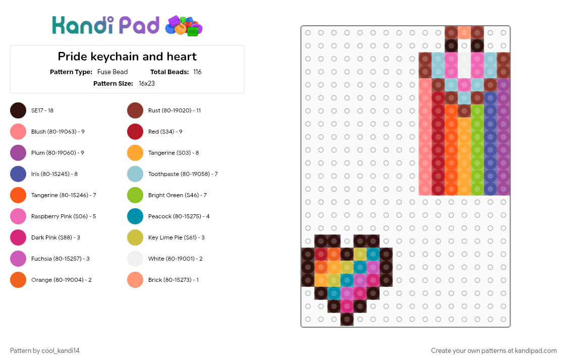 Pride keychain and heart - Fuse Bead Pattern by cool_kandi14 on Kandi Pad - brown, colorful, gay, heart, love, orange, pink, pride, rainbow, red