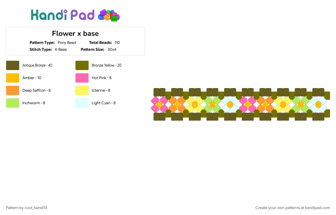 Flower x base - Pony Bead Pattern by cool_kandi14 on Kandi Pad - colorful, cotdgardens, flower, flowers, garden, gold, tan, yellow
