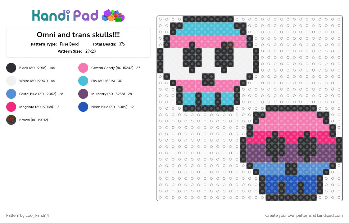 Omni and trans skulls!!!! - Fuse Bead Pattern by cool_kandi14 on Kandi Pad - gay, halloween, light blue, omnisexual, pink, pride, rainbow, skull, spooky, trans