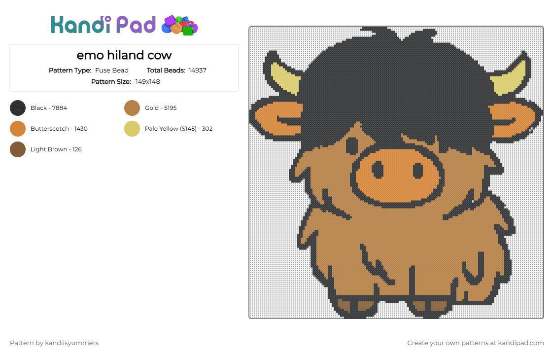 emo hiland cow - Fuse Bead Pattern by g0t4nygr4pes on Kandi Pad - tan,emo,emo cow,cut my life in two pices