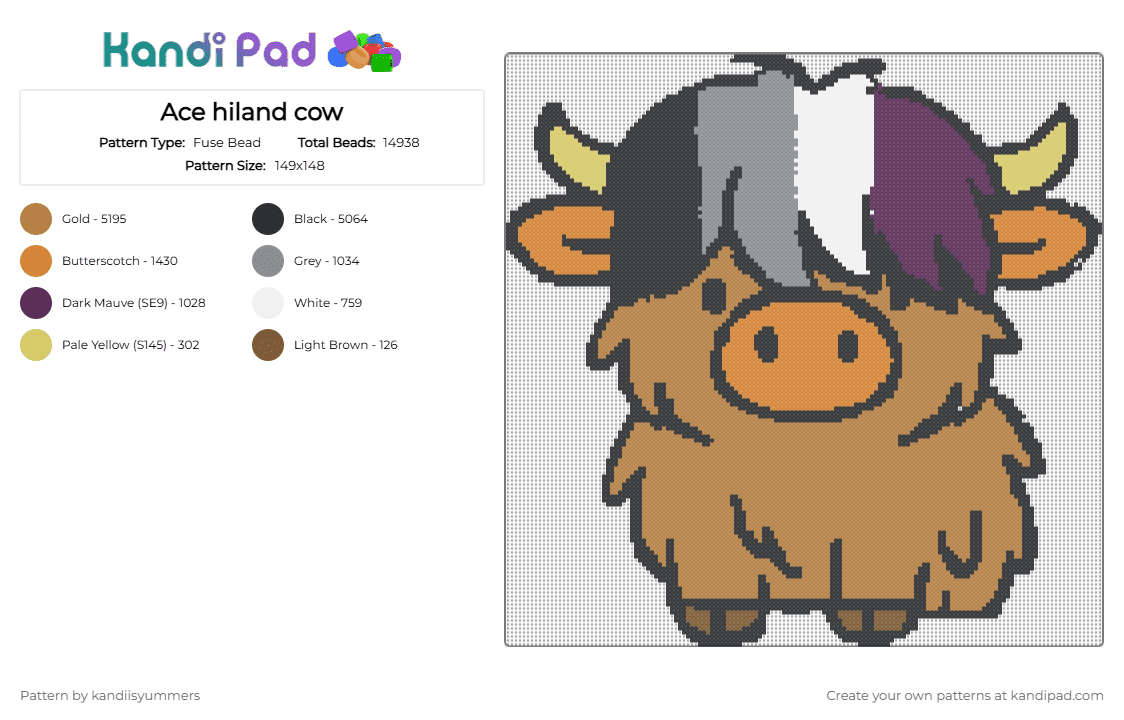 Ace hiland cow - Fuse Bead Pattern by g0t4nygr4pes on Kandi Pad - tan,hiland cow,ace cow
