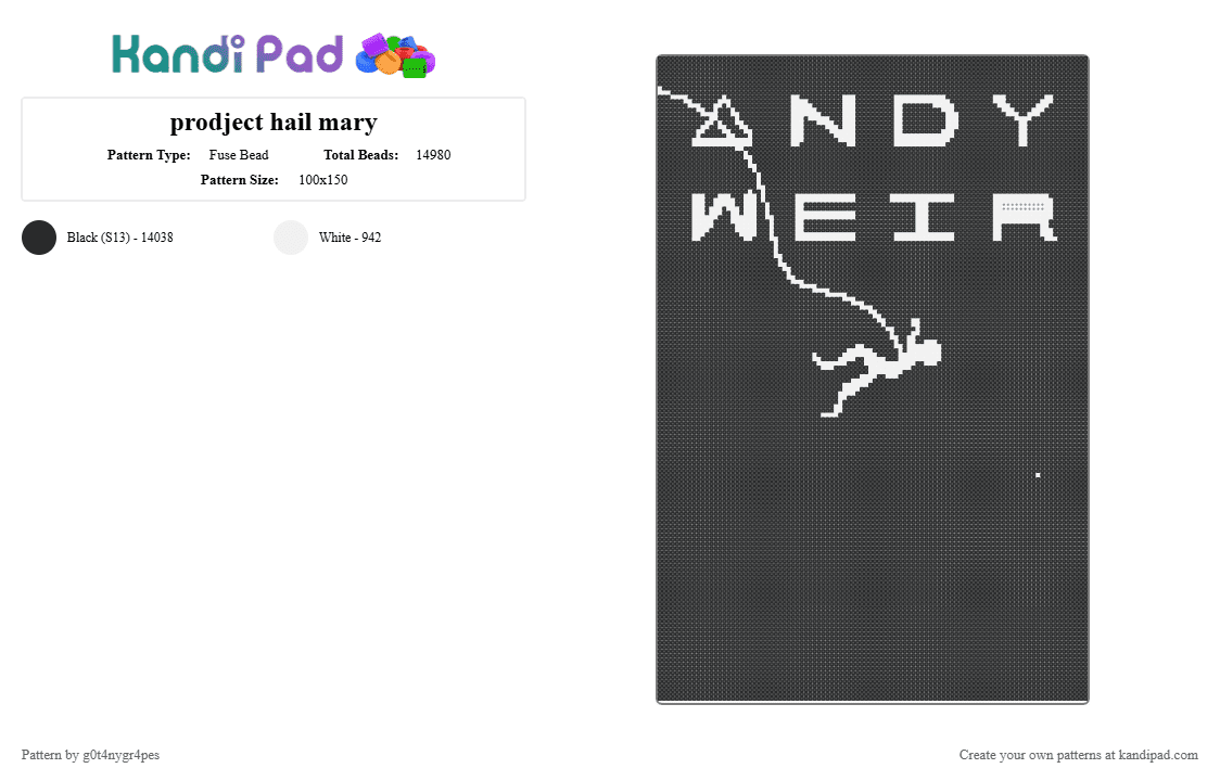 prodject hail mary - Fuse Bead Pattern by g0t4nygr4pes on Kandi Pad - black,cotdscincefiction