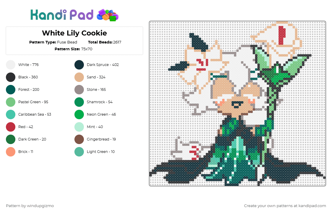 White Lily Cookie - Fuse Bead Pattern by windupgizmo on Kandi Pad - white,gray,green,colorful,cookie run,cookie run kingdom,white lily cookie