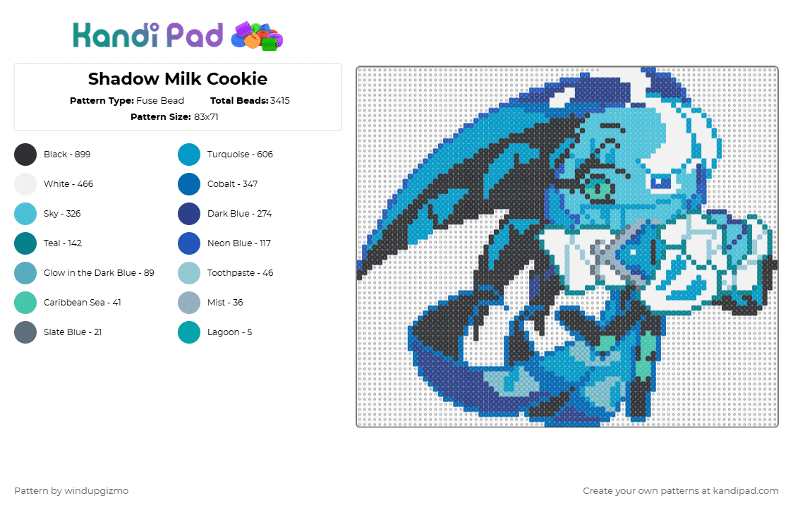 Shadow Milk Cookie - Fuse Bead Pattern by windupgizmo on Kandi Pad - blue,light blue,cookie run,cookie run kingdom,shadow milk cookie