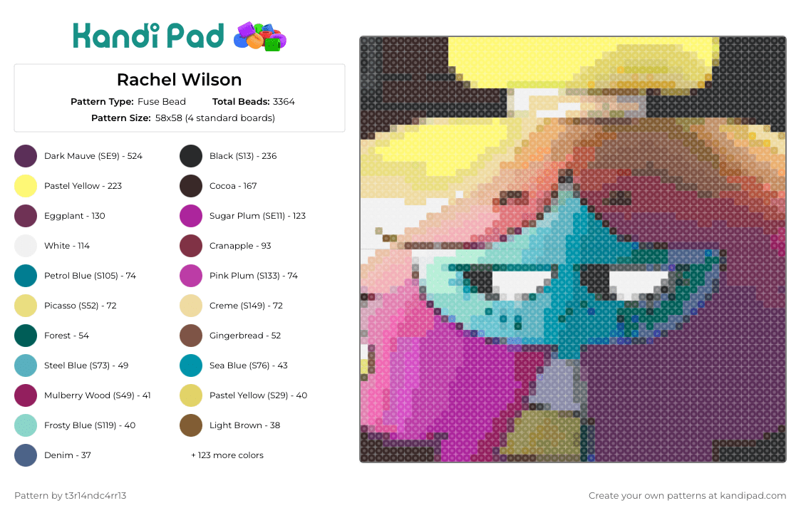 Rachel Wilson - Fuse Bead Pattern by t3r14ndc4rr13 on Kandi Pad - rachel wilson,amazing world of gumball,character,cartoon,vibrant,animated,tv show,imaginative,yellow,purple,teal