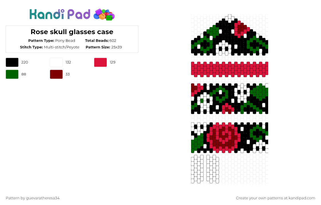Rose skull glasses case - Pony Bead Pattern by guevaratheresa34 on Kandi Pad - red,green,rose,skull,vines,glasses case,bag,purse