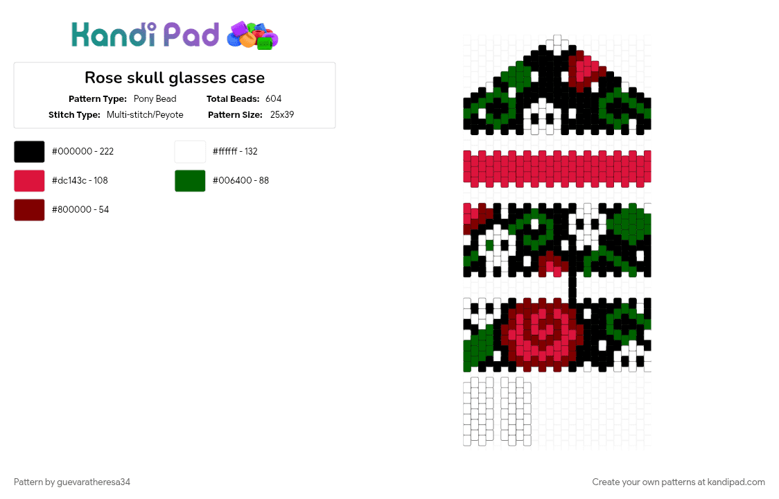 Rose skull glasses case - Pony Bead Pattern by guevaratheresa34 on Kandi Pad - bag, glasses case, green, purse, red, rose, skull, vines