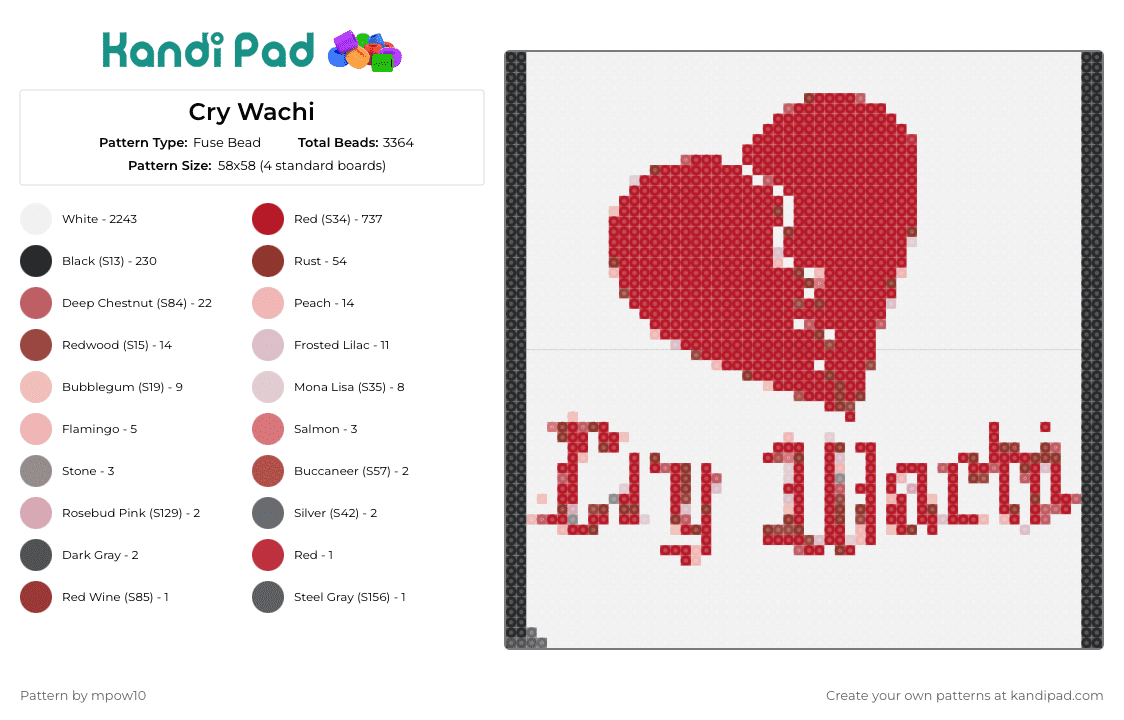 Cry Wachi - Fuse Bead Pattern by mpow10 on Kandi Pad - kai wachi,cry,heart,dj,edm,music,electronic,emotional,red