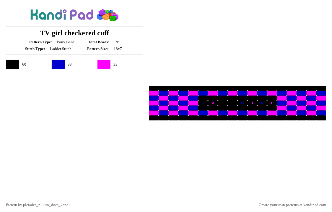 TV girl checkered cuff - Pony Bead Pattern by pluuto_nova_does_kandi on Kandi Pad - purple,pink,tv,tvgirl,girl,checkered,cuff,blue,black