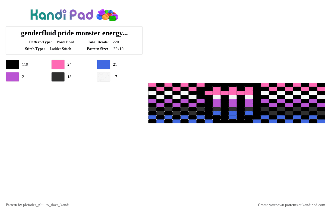 genderfluid pride monster energy checkered cuff - Pony Bead Pattern by pluuto_nova_does_kandi on Kandi Pad - black,pink,blue,genderfluid,lgbtqia,pride,monster,energy,cuff,checkered,pinkwhitepurplebluegrayblack