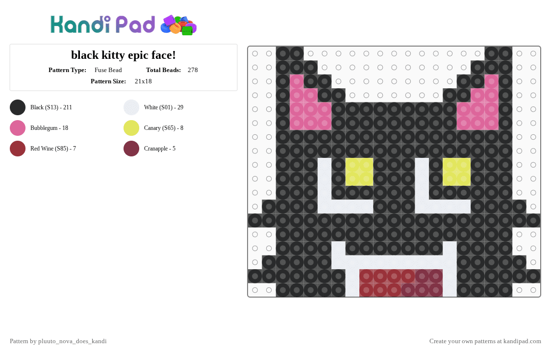 black kitty epic face! - Fuse Bead Pattern by pluuto_nova_does_kandi on Kandi Pad - black,pink,cat,kitty,perler,bead,yellow,white,reds