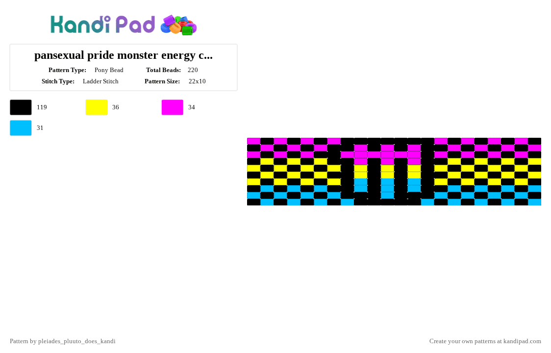 pansexual pride monster energy checkered cuff [medium] - Pony Bead Pattern by pluuto_nova_does_kandi on Kandi Pad - black,pink,yellow,pansexual,pride,lgbtq,lgbtqia,monster,monsterenergy,energydrink,blackyellowpinkblue