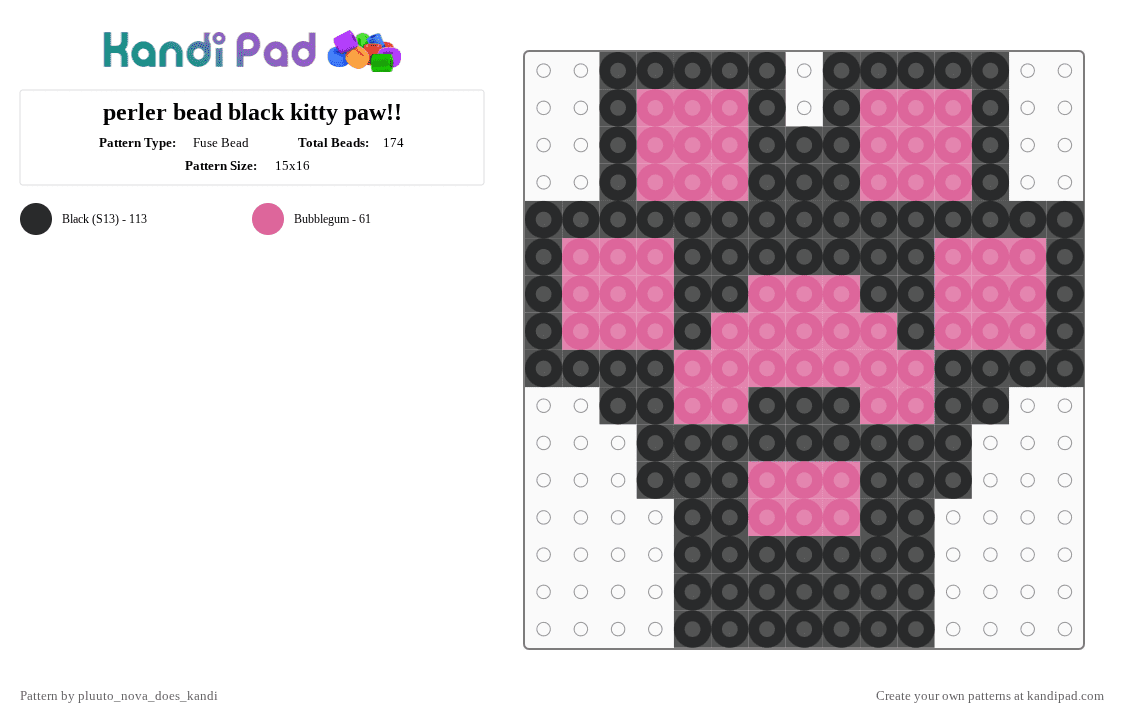 perler bead black kitty paw!! - Fuse Bead Pattern by pluuto_nova_does_kandi on Kandi Pad - black,pink,cat,kitty,ping,perler,bead,cute,kawaii