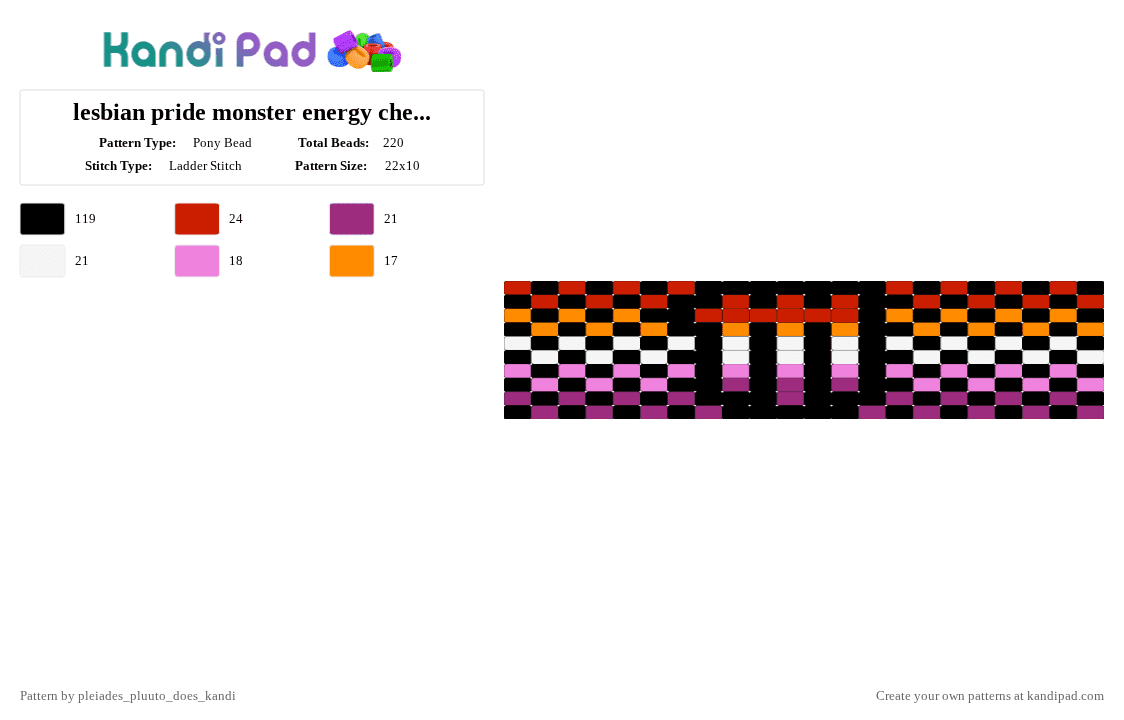 lesbian pride monster energy checkered cuff - Pony Bead Pattern by pluuto_nova_does_kandi on Kandi Pad - black,pink,lesbian,lgbtq,pride,checkered,monster,energy,blackwhitepinkorange,cuff